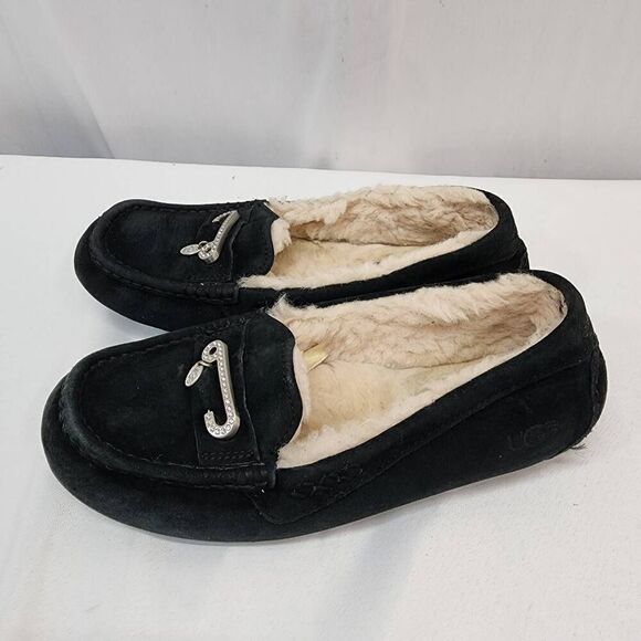 UGG Size 8 Florencia Black Mocassin Suede Slippers Fur Lining Comfort - Picture 5 of 10